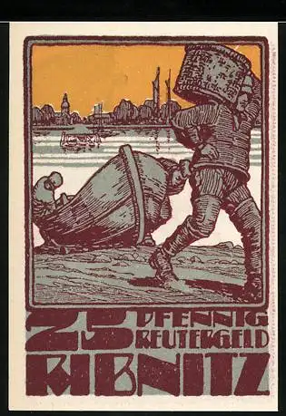 Notgeld Ribnitz, 1922, 25 Pfennig, Reutergeld mit Illustrationen von Arbeitern und Teufelsfigur