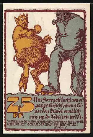 Notgeld Ribnitz, 1922, 25 Pfennig, Reutergeld mit Illustrationen von Arbeitern und Teufelsfigur