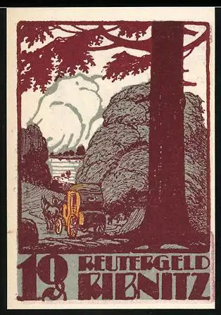 Notgeld Ribnitz, 1922, 10 Pfennig, Kutsche und Waldszene auf Vorderseite, Stadtverkehr und humoristischer Text