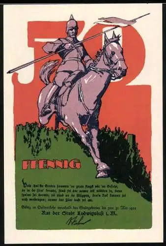Notgeld Ludwigslust 1922, 50 Pfennig, Reiter auf Pferd vor rotem Hintergrund, Rückseite mit Landschaft und Gebäude