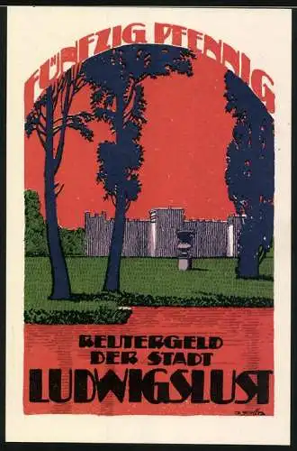 Notgeld Ludwigslust 1922, 50 Pfennig, Reiter auf Pferd vor rotem Hintergrund, Rückseite mit Landschaft und Gebäude