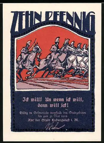 Notgeld Ludwigslust, 1921, 10 Pfennig, Reiter und Büste eines Soldaten