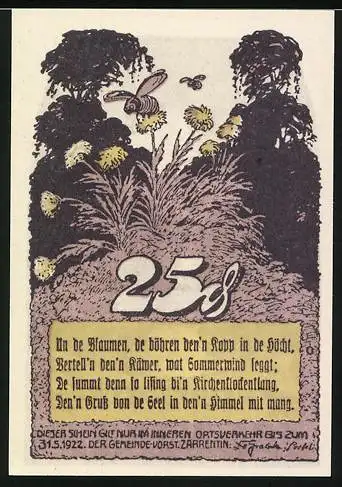 Notgeld Zarrentin, 1922, 25 Pfennig, Landschaftsszene mit See und Gedicht auf Rückseite