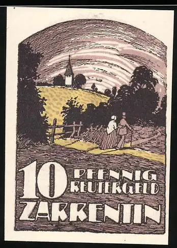 Notgeld Zarrentin, 1922, 10 Pfennig, Landschaft mit Kirche und zwei Personen, Rückseite mit Text und Kirche
