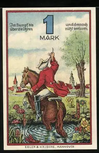Notgeld Rinteln 1920, 1 Mark, Hieronymus von Münchhausen zieht sich mit Pferd am eigenen Schopf aus dem Sumpf