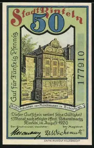 Notgeld Rinteln 1920, 50 Pfennig, Festung Rinteln und Archivhäuschen, Münchhausen reitet auf Kanonenkugel