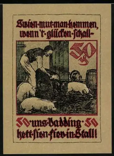 Notgeld Pries-Friedrichsort, 50 Pfennig, Schweine, Bauernhof und Hausillustrationen