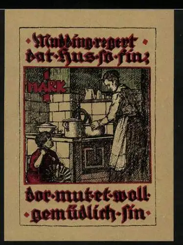 Notgeld Pries-Friedrichsort, 1 Mark, Haus- und Familienszenen mit Text in Rot und Schwarz