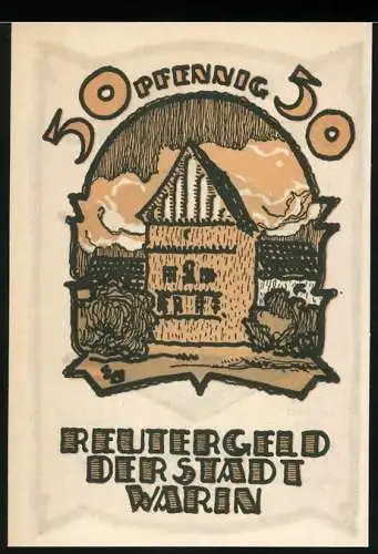 Notgeld Warin, 1922, 50 Pfennig, Reutergeld der Stadt Warin mit Fachwerkhaus vorne und Gedicht hinten