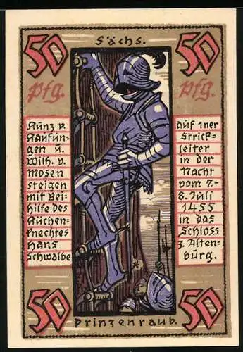 Notgeld Altenburg, 1921, 50 Pfennig, Prinzenraub, Ritter in Rüstung und Schlossillustration