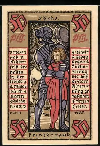 Notgeld Altenburg 1921, 50 Pfennig, Darstellung des Prinzenraubs und Schloss Altenburg