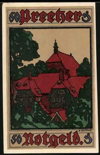 Notgeld Preetz in Holstein, 1921, 50 Pfennig, Abbildung eines Gebäudes mit rotem Dach und Bäumen