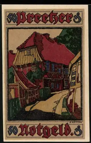 Notgeld Preetz, 1921, 50 Pfennig, Fachwerkhäuser und Stadtwappen, Preetzer Notgeld