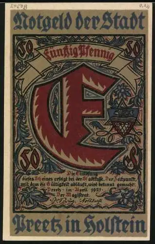 Notgeld Preetz, 1921, 50 Pfennig, Fachwerkhäuser und Stadtwappen, Preetzer Notgeld