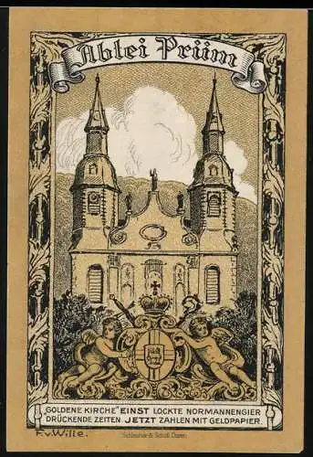 Notgeld Prüm, 1920, 50 Pfennig, Abtei Prüm mit Kirchenabbildung und Wappen, Rückseite mit Heiligem Lamm