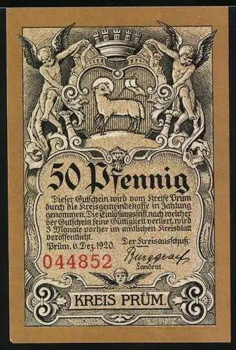 Notgeld Prüm, 1920, 50 Pfennig, Abtei Prüm mit Kirchenabbildung und Wappen, Rückseite mit Heiligem Lamm