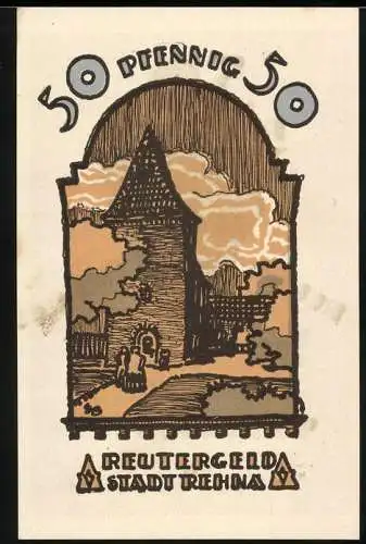 Notgeld Rehna 1921, 50 Pfennig, Turm und Inschrift Uns Herrgott lewt, de ward Di nich verlaten