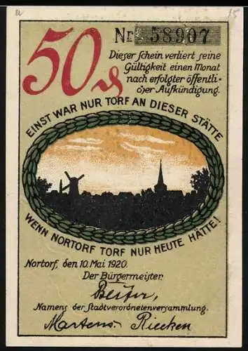 Notgeld Nortorf, 1920, 50 Pfennig, Stadtwappen mit Ritter und Landschaftsszene