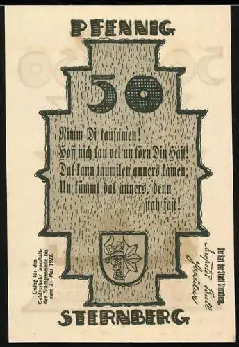 Notgeld Sternberg, 50 Pfennig, Reutergeld mit Gedicht und Stadtansicht