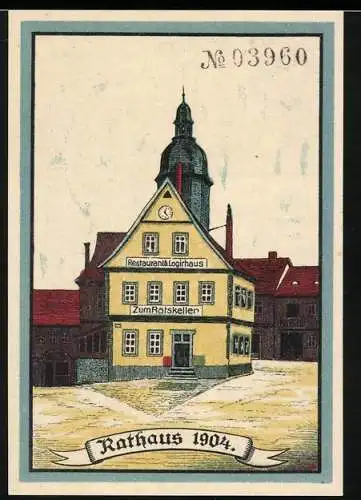 Notgeld Friedrichroda 1921, 50 Pfennig, Rathaus 1904 und Ankündigung der Thüringer Gewerbe-Ausstellung