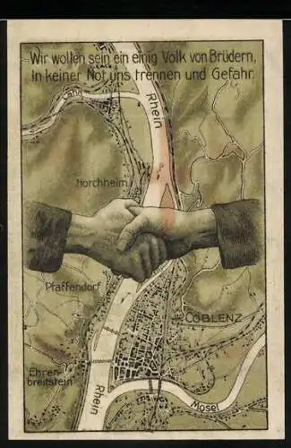 Notgeld Pfaffendorf-Coblenz, 1921, 50 Pfennig, Händeschütteln über Karte von Rhein und Mosel, Wappen und Trauben