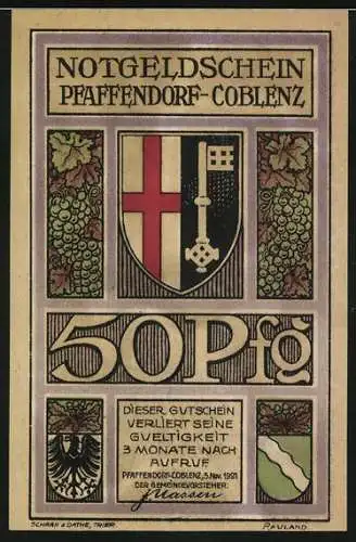 Notgeld Pfaffendorf-Coblenz, 1921, 50 Pfennig, Händeschütteln über Karte von Rhein und Mosel, Wappen und Trauben