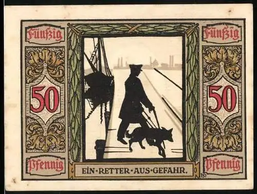 Notgeld Oldenburg 1922, 50 Pfennig, Deutscher Führhund für Kriegsblinde, Ein Retter aus Gefahr
