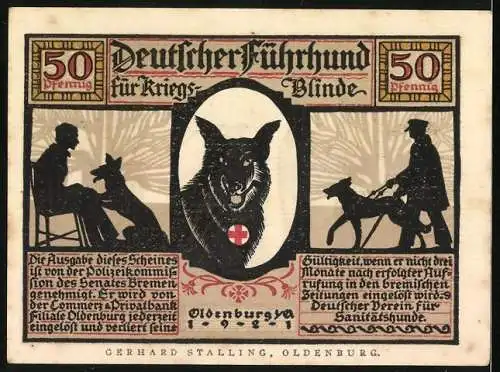 Notgeld Oldenburg 1922, 50 Pfennig, Deutscher Führhund für Kriegsblinde, Ein Retter aus Gefahr