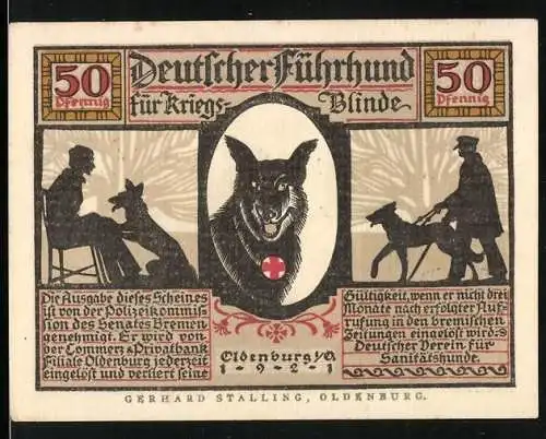 Notgeld Oldenburg 1922, 50 Pfennig, Deutscher Führhund für Kriegsblinde mit Blindenhund und Silhouette