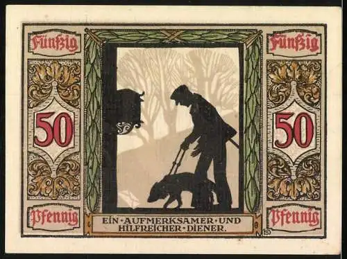 Notgeld Oldenburg 1922, 50 Pfennig, Deutscher Führhund für Kriegsblinde mit Blindenhund und Silhouette