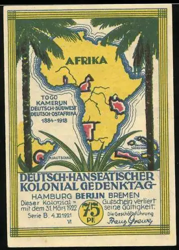Notgeld Berlin 1921, 75 Pfennig, Deutsch-Hanseatischer Kolonialgedenktag mit Bismarck-Porträt und Afrika-Karte
