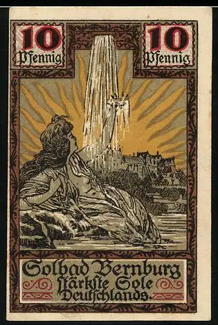 Notgeld Bernburg, 1921, 10 Pfennig, Solbad Bernburg und Stadtwappen mit Burgmotiv