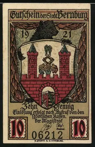 Notgeld Bernburg, 1921, 10 Pfennig, Solbad Bernburg und Stadtwappen mit Burgmotiv