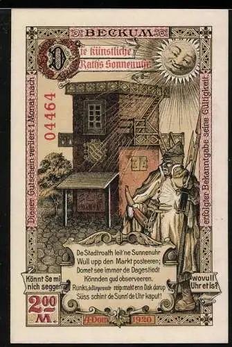 Notgeld Beckum, 1920, 2 Mark, künstliche Rathaus Sonnenuhr, Stadtwappen und Gebäudeillustration