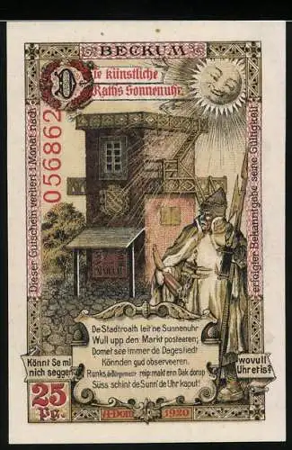 Notgeld Beckum, 1920, 25 Pfennig, Rathaus und Sonnenuhr mit Wappen und Magistrat