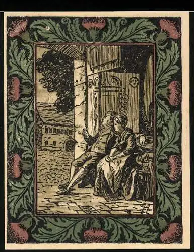 Notgeld Artern 1921, 50 Pfennig, Gedenkschein mit historischem Motiv und Goethe-Silhouette