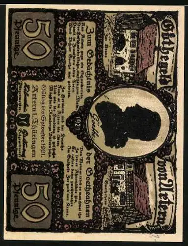 Notgeld Artern 1921, 50 Pfennig, Frau mit Tieren und Gebäude-Silhouetten im Hintergrund, Goethe Portrait