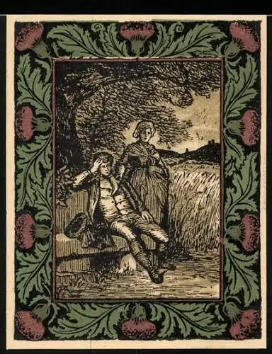 Notgeld Artern 1921, 50 Pfennig, Mann und Frau unter Baum, Gebäude und Silhouette von Goethe