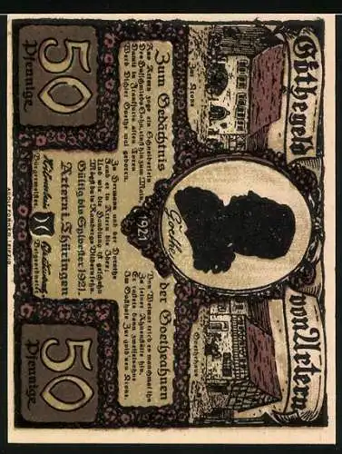 Notgeld Artern 1921, 50 Pfennig, Mann und Frau unter Baum, Gebäude und Silhouette von Goethe