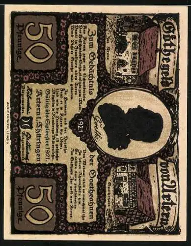 Notgeld Artern 1921, 50 Pfennig, Paar in Landschaft und Goethe-Silhouette