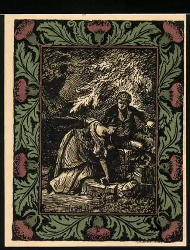 Notgeld Artern 1921, 50 Pfennig, Gedenkschein mit Goethe-Silhouette und Szenen aus Goethes Leben