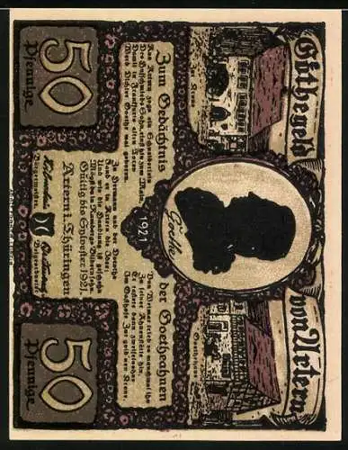 Notgeld Artern 1921, 50 Pfennig, Gedenkschein mit Goethe-Silhouette und Szenen aus Goethes Leben