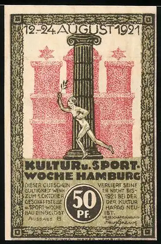 Notgeld Hamburg, 1921, 50 Pf, Kultur- und Sportwoche, Läufer vor Säulen, Rückseite Hafenansicht