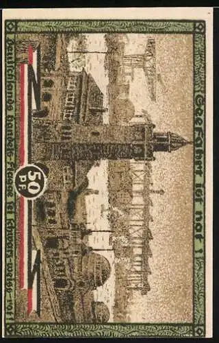 Notgeld Hamburg, 1921, 50 Pf, Kultur- und Sportwoche, Läufer vor Säulen, Rückseite Hafenansicht