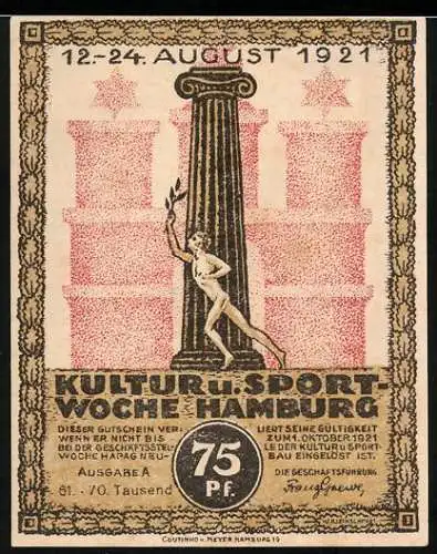 Notgeld Hamburg 1921, 75 Pf, Kultur u. Sport Woche, Säule mit Figur und Gebäude mit Turm