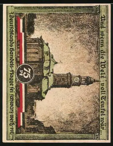 Notgeld Hamburg 1921, 75 Pf, Kultur u. Sport Woche, Säule mit Figur und Gebäude mit Turm