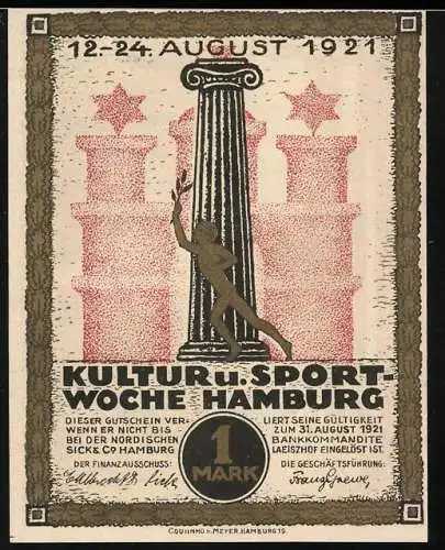 Notgeld Hamburg 1921, 1 Mark, Kultur- und Sportwoche mit Säule und Statue, Deutsche Handelsflagge schwarz-weiss-rot