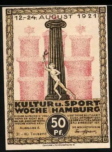 Notgeld Hamburg 1921, 50 Pf, Kultur- u. Sportwoche mit Schiff und antike Säule