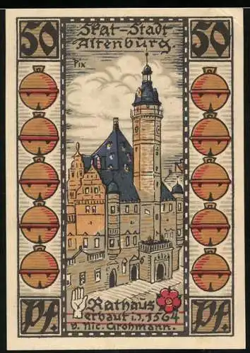 Notgeld Altenburg, 1921, 50 Pfennig, Rathaus und Stadtwappen mit Mann in rotem Mantel