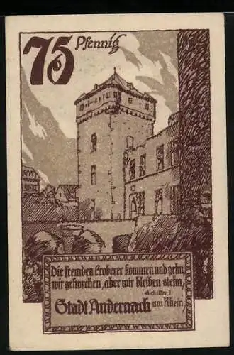 Notgeld Andernach, 75 Pfennig, Burg und Wappen, Stadt Andernach am Rhein